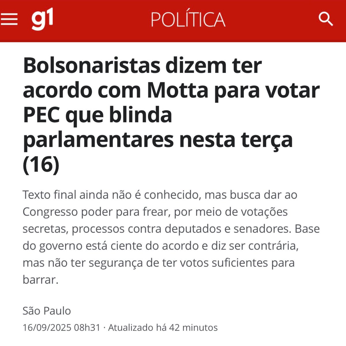 É surreal a canalhice dessa turma! A extrema direita informou que votará hoje a PEC DA BANDIDAGEM, que livra de punição parlamentares que comentem crimes. Não podemos recuar! 

Bora Subir:  

MOTTA APOIA BANDIDAGEM  
IMPUNIDADE NÃO PASSARÁ  
IR ISENTO JÁ
MOTTA ATENDA O POVO