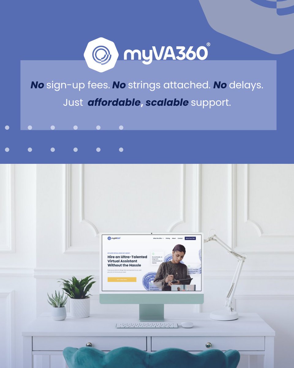 myVA360's tweet photo. You stay in control, we stay by your side. No strings attached. 
Digital Marketing, Social Media, Graphic Design, Bookkeeping, Lead generation, administration, research...
#virtualassistance #worksmarter #flexiblestaffing #businesssupport https://t.co/0RSq2z9x3T