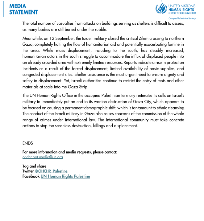 🔴La Oficina de Derechos Humanos <a href="/OHCHR_Palestine/">UN Human Rights Palestine</a>  pide al ejército de Israel para que ponga fin de inmediato a su destrucción gratuita de la ciudad de #Gaza, que parece centrada en provocar un cambio demográfico permanente, lo que equivale a una limpieza étnica.