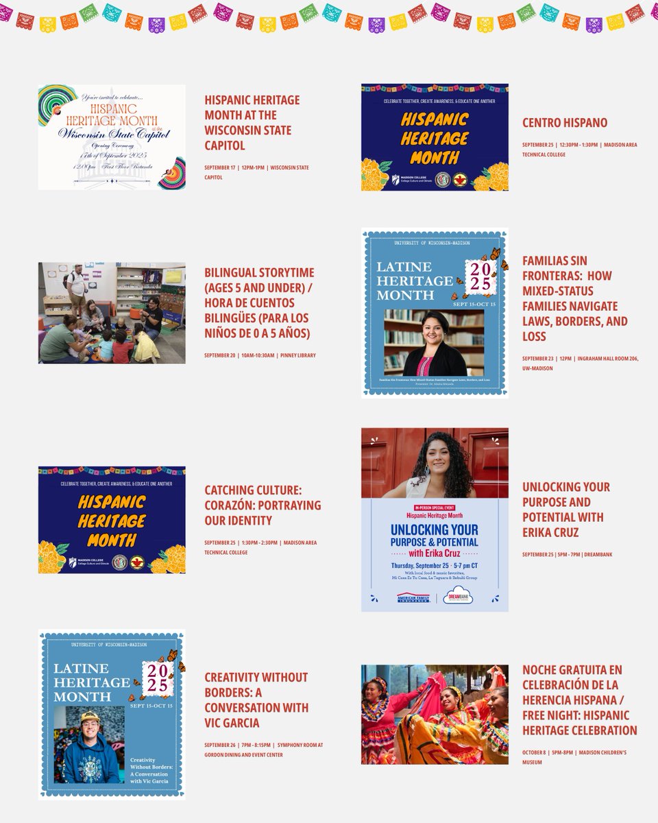 StartingBlockM's tweet image. Celebrate Hispanic Heritage Month (09/15-10/15) with the many, many events happening around Madison!

And other resources:
• Madison Public Library: hubs.li/Q03HQl580
• Centro: hubs.li/Q03HQmxG0
• Wisconsin Latino Chamber of Commerce: hubs.li/Q03HQn9P0