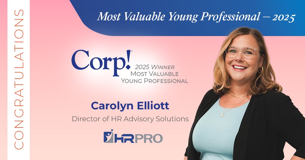 🏆 Big congratulations to our very own Carolyn Elliott, Director of HR Advisory Solutions at HRPro, for being named one of Corp! Magazine’s 2025 Most Valuable Young Professionals! 

#HRPro #MVPAwards #HRLeadership
