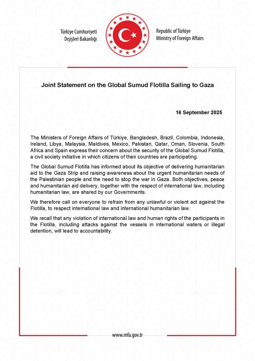 Joint Statement on the Global Sumud Flotilla Sailing to Gaza mfa.gov.tr/joint-statemen…