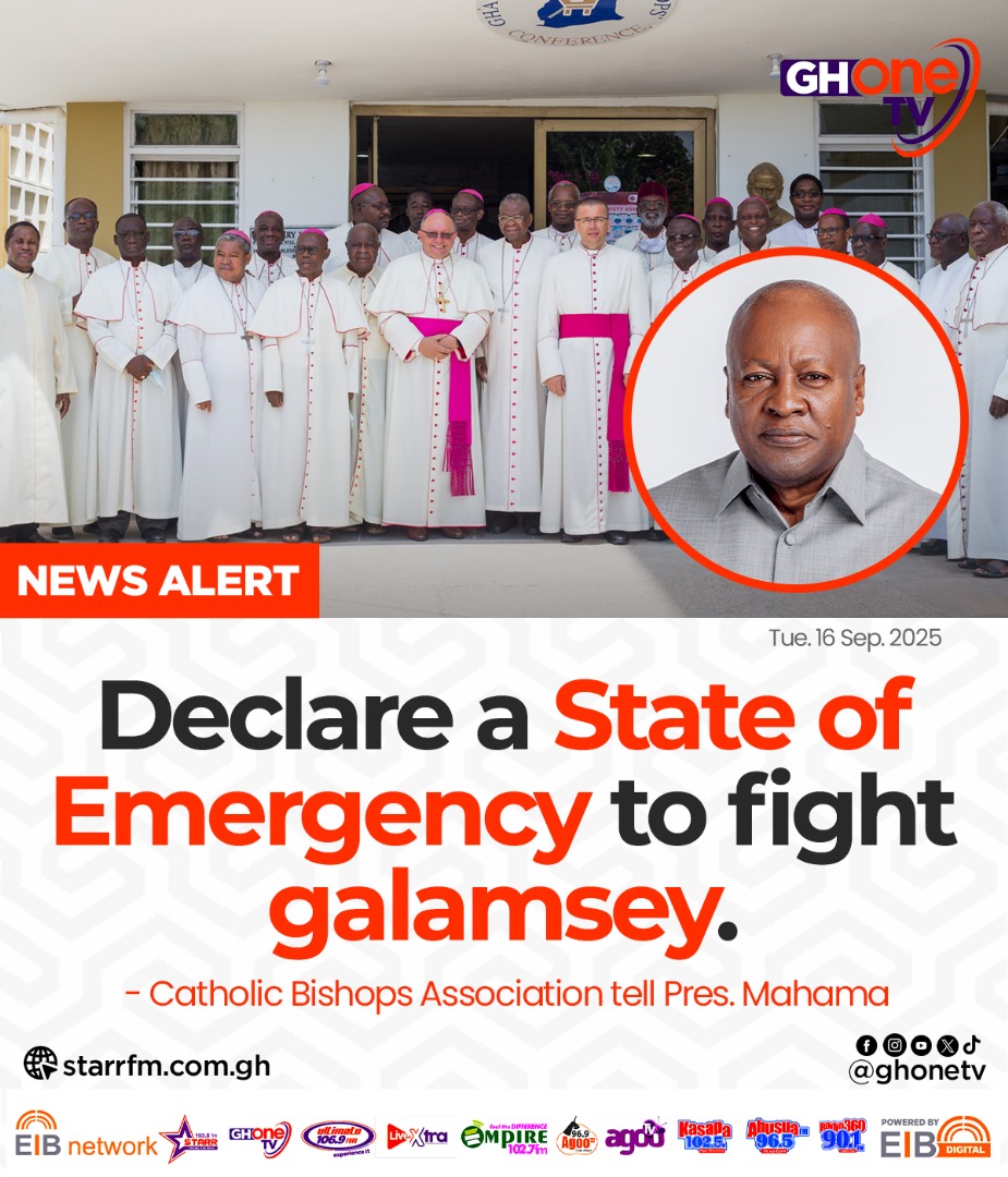 Catholic Bishops urge Pres. Mahama to declare a state of emergency on galamsey...

#GHOneNews #EIBNetwork
#GHOneTV #NewsAlert