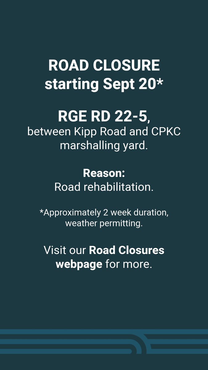 LethCounty's tweet image. Road closure near Kipp starts Sept 20 and continues for approx. 2 weeks. 👉lethcounty.ca/p/road-closures

#RoadConstruction #CPKC #Kipp #LethbridgeCounty