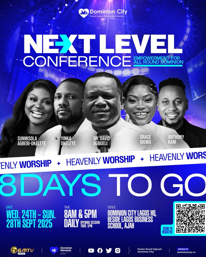 dcikeja's tweet image. It’s 8 days to go.

Next stop &amp;gt;&amp;gt; Next Level.

📅 Sept 24–28.
⏰ 8am and 5pm daily.
📍Dominion City Lagos HQ, beside LBS, Ajah, Lagos.

#NextLevelConference
#dominioncitylagos