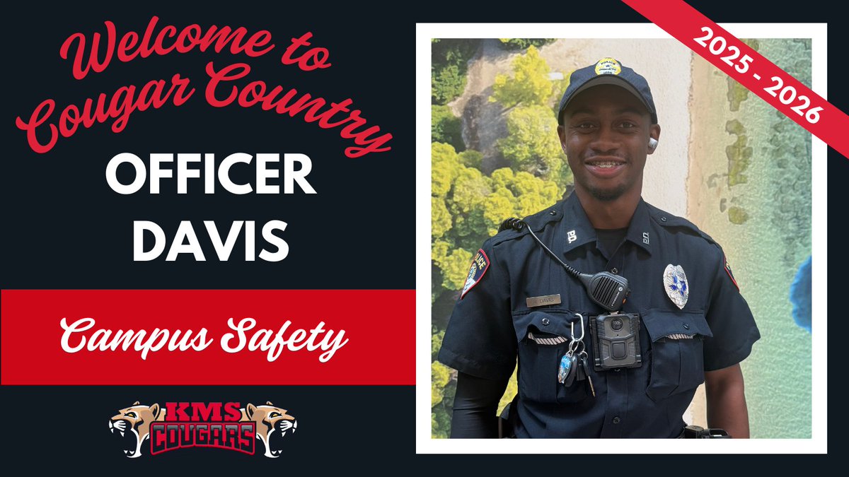 Please join us in giving a warm Cougar welcome to Officer Davis!  After serving as an officer at one of our Humble ISD elementary schools, he is excited to continue his role here at KMS. We are so glad to have him protecting and supporting our Cougars! #KMSCougarPride🐾