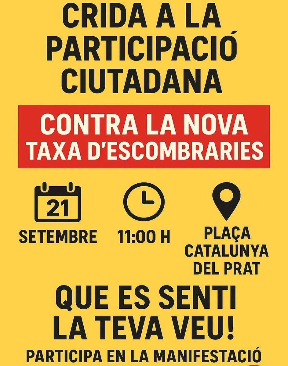 Junts pel Prat (@juntsxelprat) on Twitter photo 🚫❌ Des del nostre grup i amb el nostre regidor <a href="/Gerard_Valverde/">Gerard</a>, ens adherim a la manifestació ciutadana contra la nova taxa de residus.
📢 Convidem a tota la ciutadania del #Prat a sumar-s’hi:
🗓️ Diumenge 21 · 🕚 11 h · 📍Pl. Catalunya (Cèntric)
#EstimemelPrat #ElPrat 🚫❌ Des del nostre grup i amb el nostre regidor <a href="/Gerard_Valverde/">Gerard</a>, ens adherim a la manifestació ciutadana contra la nova taxa de residus.
📢 Convidem a tota la ciutadania del #Prat a sumar-s’hi:
🗓️ Diumenge 21 · 🕚 11 h · 📍Pl. Catalunya (Cèntric)
#EstimemelPrat #ElPrat