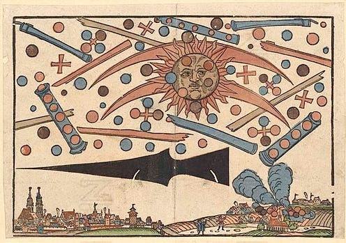 The 1561 celestial over Nuremberg - a woodcut depicting aerial objects battling in the sky, showing that unexplained phenomena have been documented. This historical precedent suggests that Britain's modern UFO encounters are part of a much longer tradition of sky mysteries