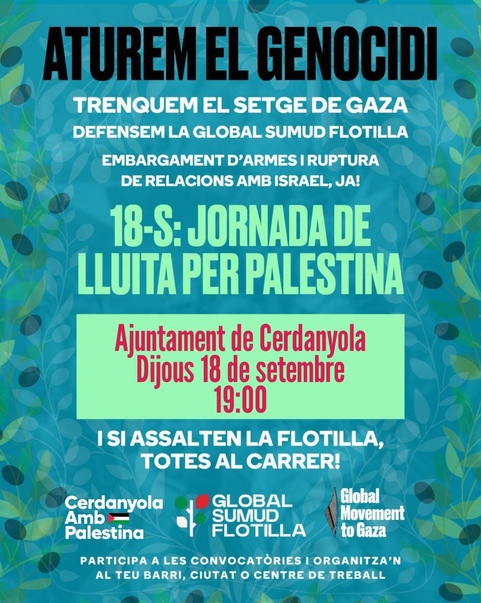 🇵🇸 Ens sumem a la convocatòria pel jornada de lluita per Palestina aquest dijous a les 19:00 davant l’Ajuntament. 

Trenquem el setge de Gaza! Defensem la flotilla! 🇵🇸