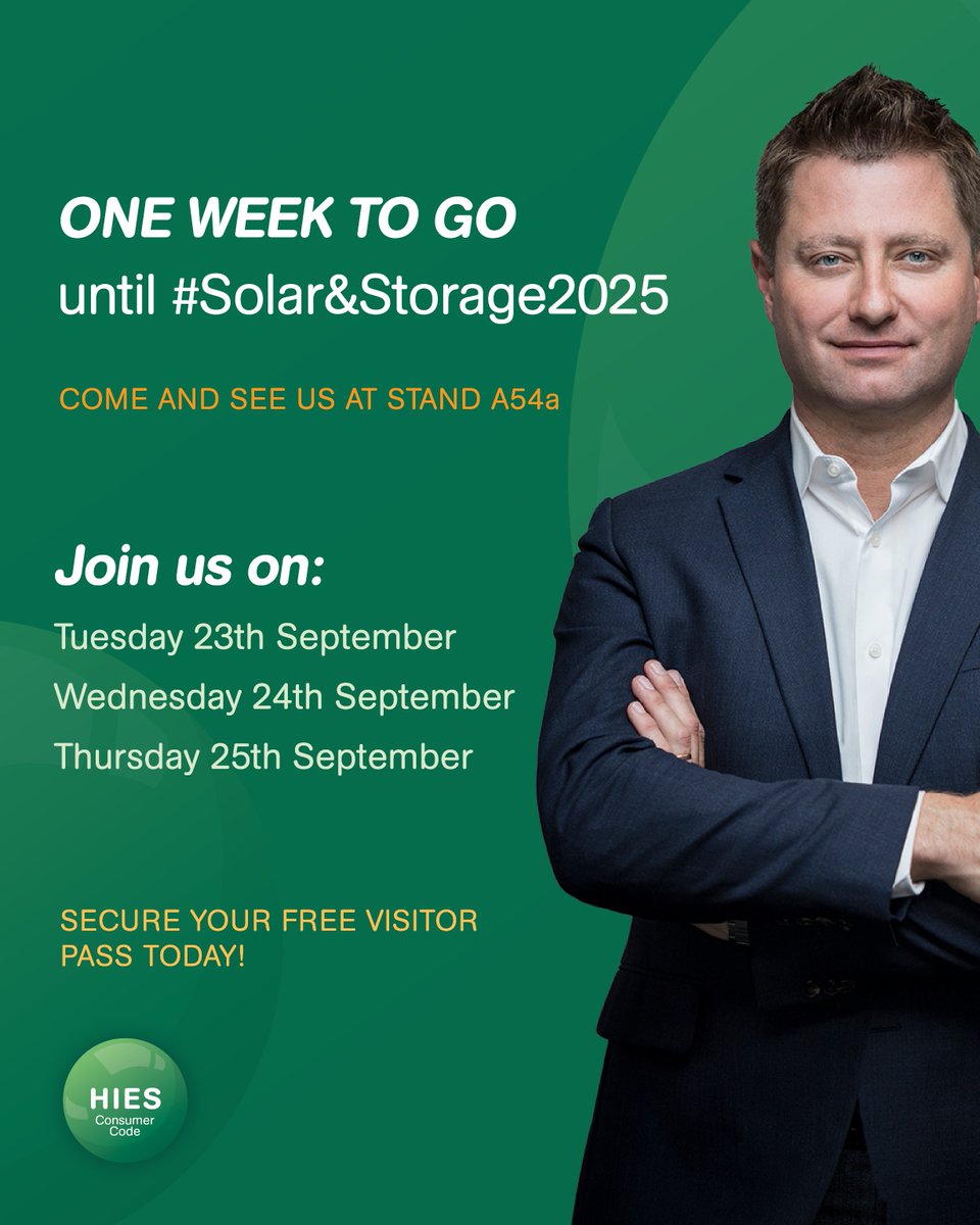 HIES_Scheme's tweet image. ⏰ Only ONE WEEK to go! ⏰

#SolarandStorage2025 is right around the corner, and we’re excited to see you all at the NEC Birmingham from 23rd - 25th September. 

Grab last minute tickets for the event here 👉 shorturl.at/6BRKP