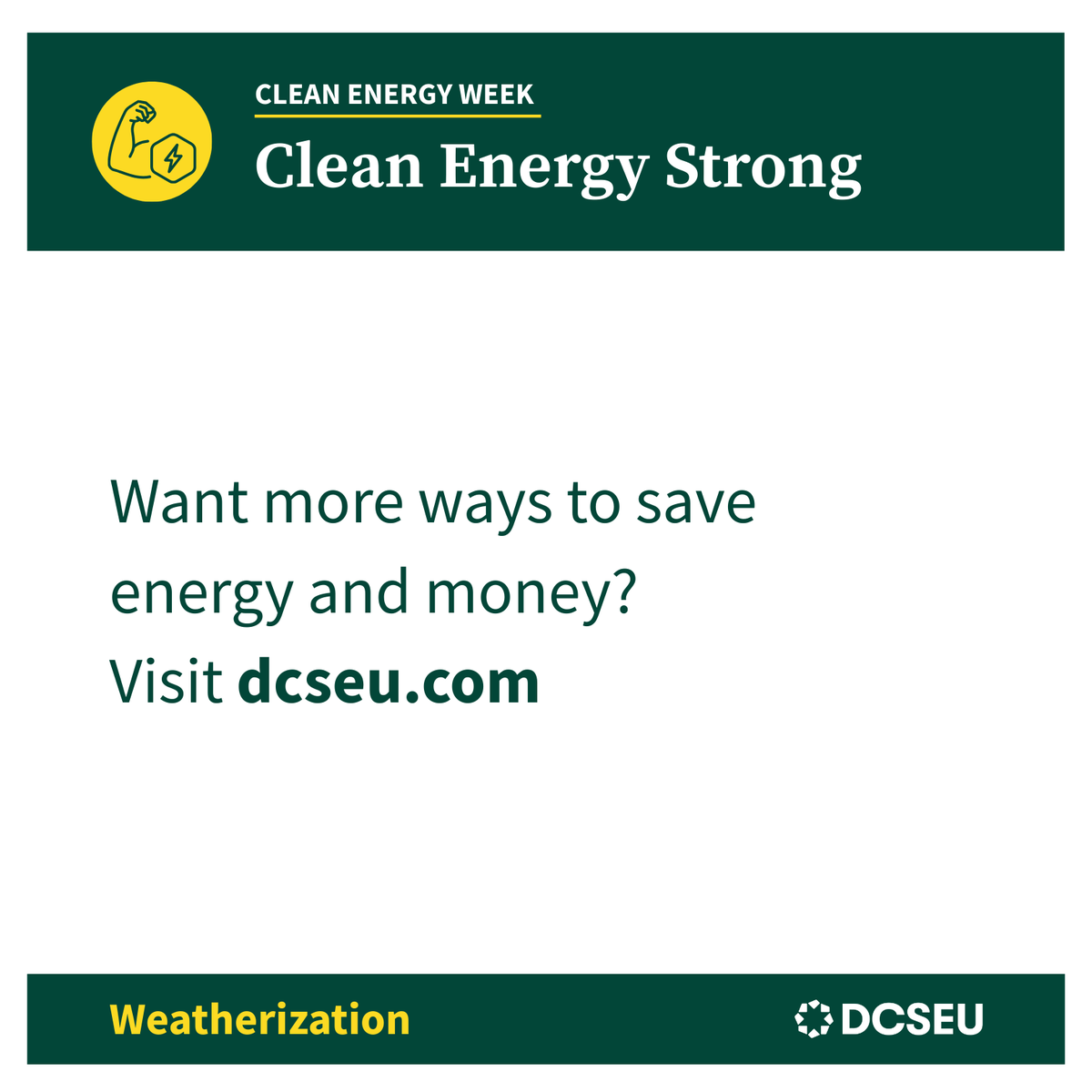 Happy #CleanEnergyWeek! Weatherizing is a worthy flex, low-cost, keeps your home comfy year-round, gives your HVAC a break &amp; shrinks your carbon footprint. Learn more ways to save at dcseu.com