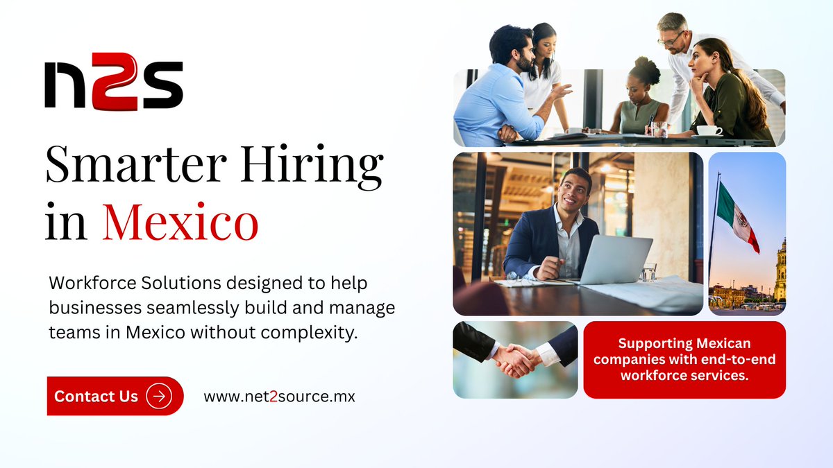 n2s_global's tweet image. Building and managing teams doesn’t have to be complicated. We provide end-to-end workforce solutions that empower businesses.
 
Connect with us today
 
🔗Request Services: hubs.la/Q03JqbNw0
📧Email: info@net2source.mx
 
#WorkforceSolutions #HiringInMexico #Net2Source