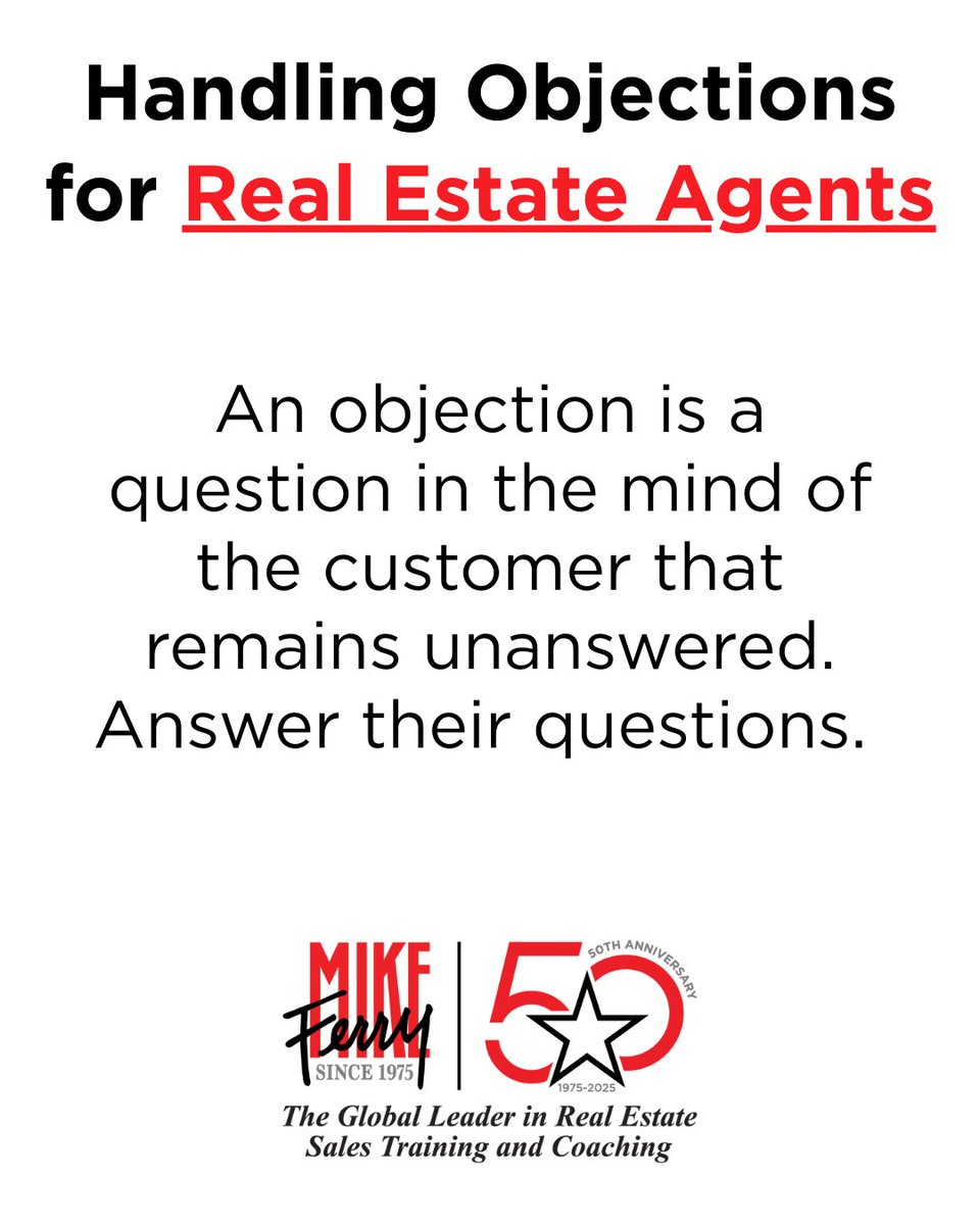 MikeFerryOrg's tweet image. Real Estate Agents! 🚨
An objection is just an unanswered question. Answer it → earn trust.
👉 Are you giving sellers clarity or leaving doubts?

#RealEstateAgents #ObjectionHandling #RealEstateCoaching #MikeFerry #TopProducer