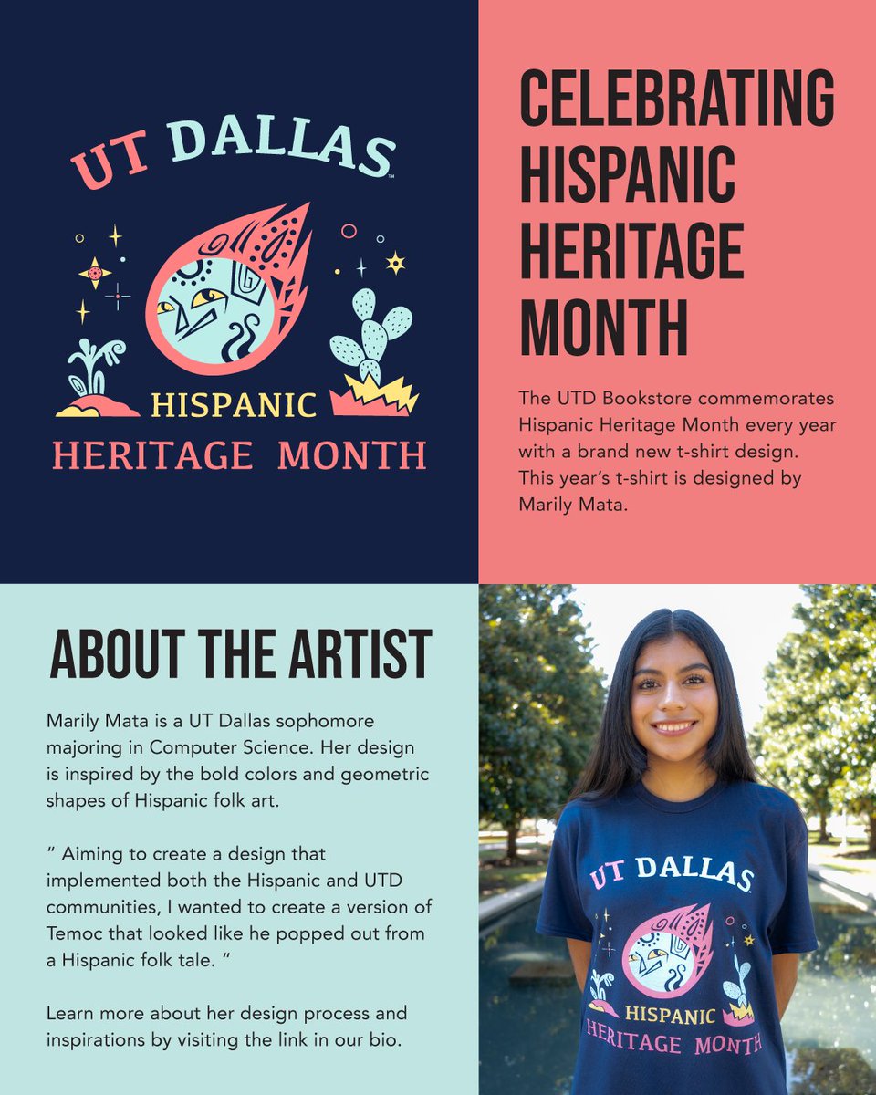 The UTD Bookstore commemorates Hispanic Heritage Month every year with a brand new t-shirt design. This year’s t-shirt is designed by Marily Mata.

Learn more about her design process and inspirations by visiting the link in our bio.