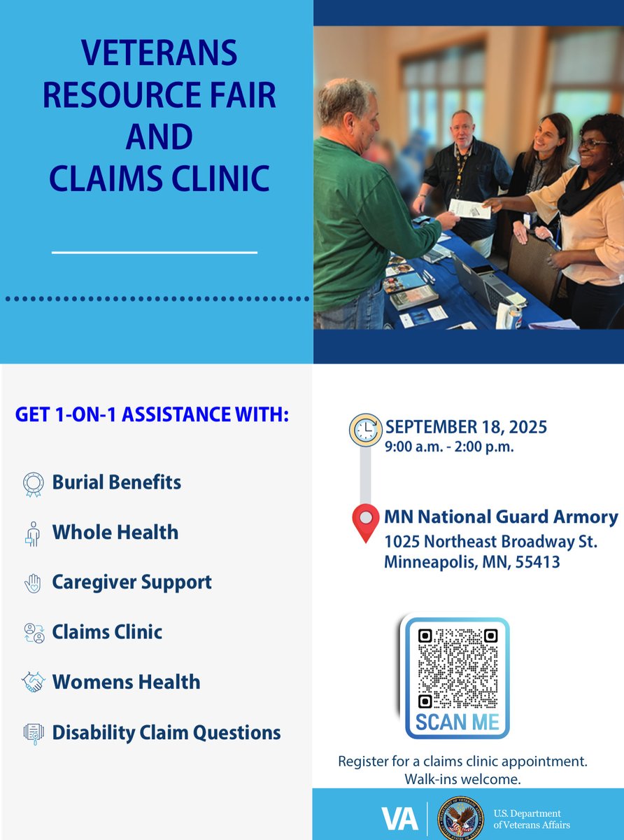 Don’t miss the Veterans Resource Fair &amp; Claims Clinic this Thursday, September 18, 9 AM – 2 PM at the MN National Guard Armory in Minneapolis. Get 1-on-1 assistance connecting to benefits and resources. It's free for Veterans!
