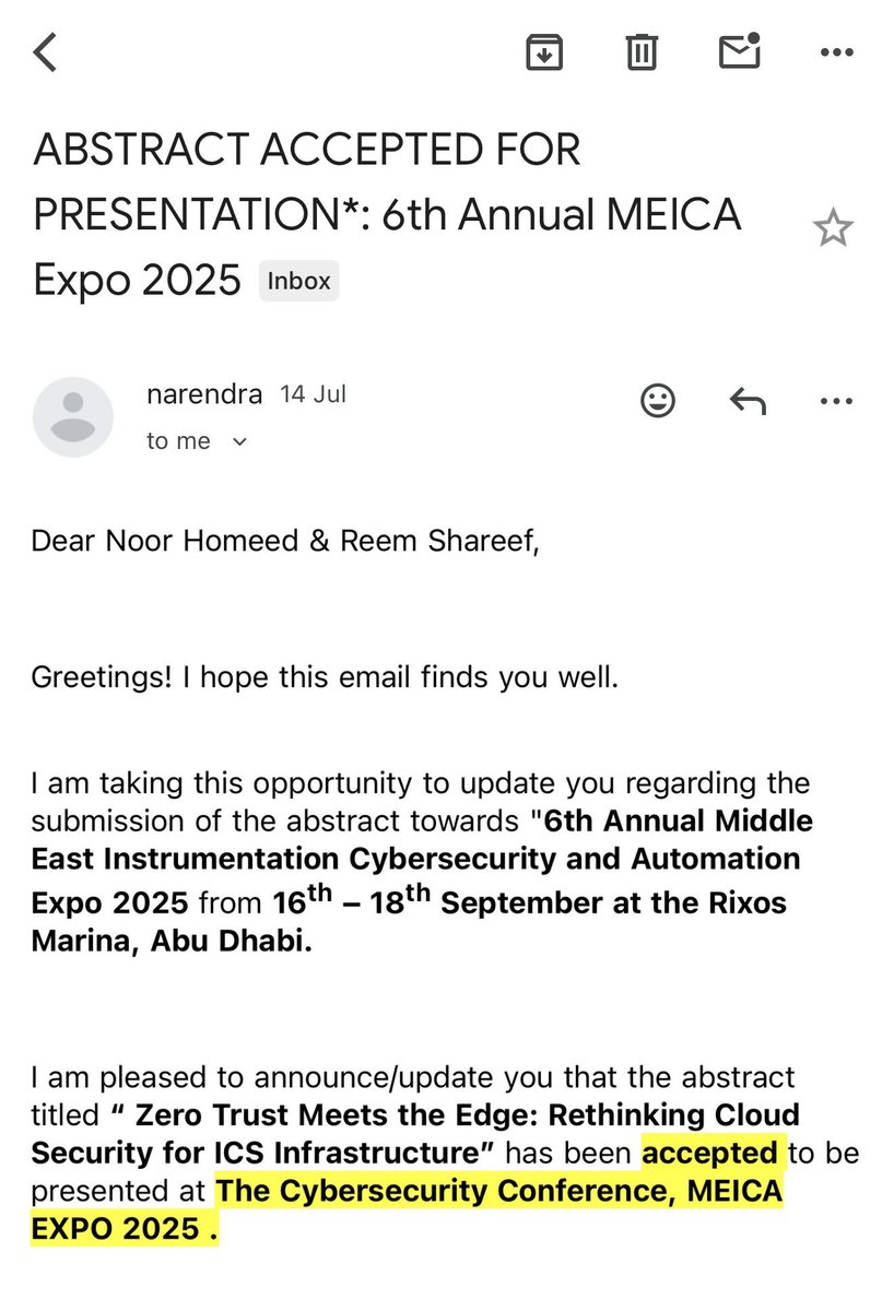 See you tomorrow! 🇦🇪 #MEICA2025 

تم بحمدالله وتوفيقه قبول عرضنا في المعرض السنوي السادس للأمن السيبراني والأتمتة في الشرق الأوسط أبو ظبي. نسال الله أن يبارك لنا في سعينا وجهدنا .