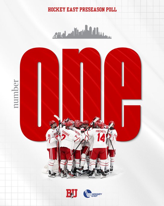 Graphic to promote BU being number one in the Hockey East preseason poll featuring celebration photo of BU men’s ice hockey team after a win.