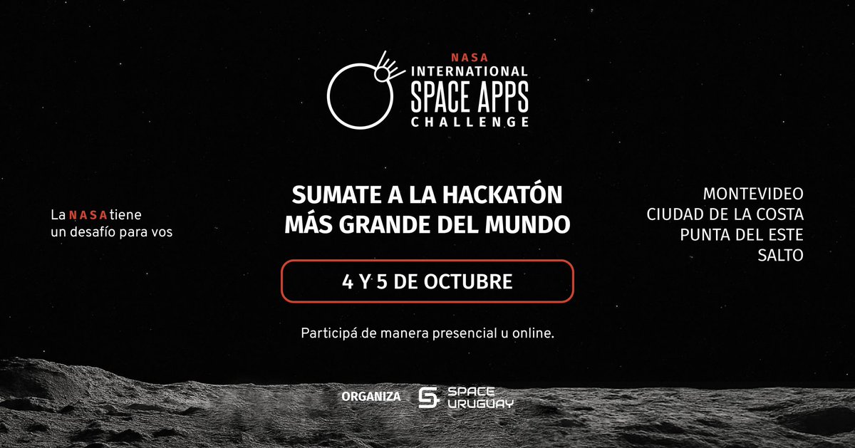 El 4 y 5 de octubre llega una nueva edición del NASA International Space Apps Challenge <a href="/SpaceApps/">NASA International Space Apps Challenge</a>, la hackatón más grande del mundo. 

💡 Aprendé nuevas habilidades
💡 Lanzá ideas con datos abiertos de la NASA
💡 Liderá la innovación en tu comunidad

🏆 Participá para tener la
