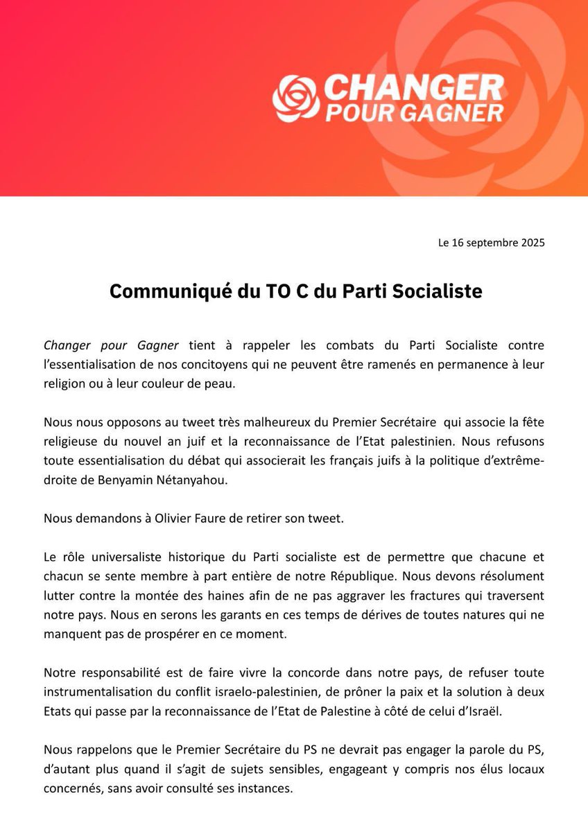 Nouvel An Juif : dans un communiqué, les opposants internes d’Olivier Faure au PS demandent le retrait du tweet du premier secrétaire en réponse au journaliste franco-israélien <a href="/julienbahloul/">Julien Bahloul</a>.

Ces socialistes du TOC s’opposent au « tweet très malheureux du premier secrétaire du