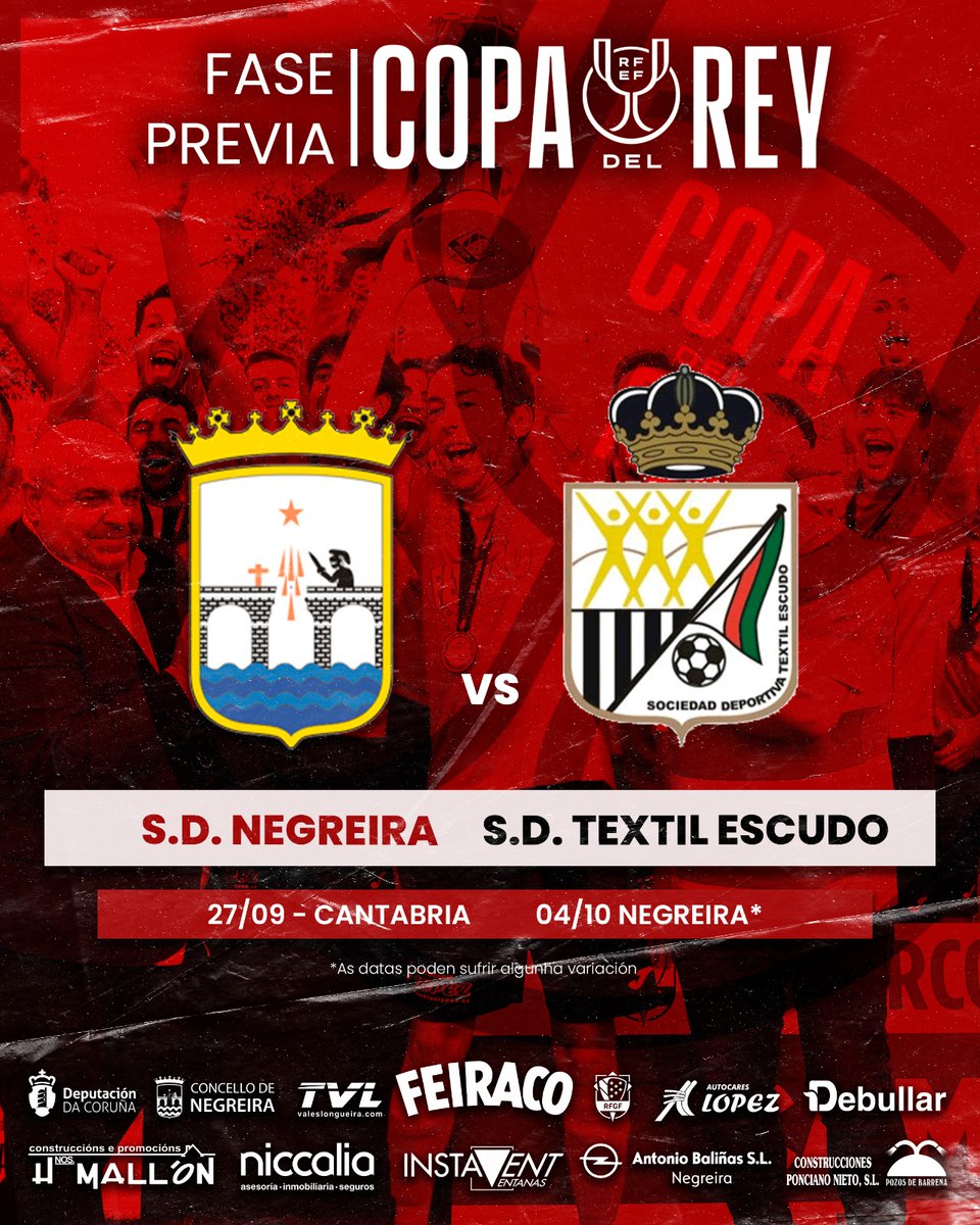 𝗜𝗠𝗢𝗦 𝗔 𝗖𝗔𝗡𝗧𝗔𝗕𝗥𝗜𝗔 na eliminatoria previa da #CopaDelReyMapfre 25/26 para enfrontarnos á  𝗦𝗗 𝗧𝗲𝘅𝘁𝗶𝗹 𝗘𝘀𝗰𝘂𝗱𝗼de 𝗖𝗮𝗯𝗲𝘇𝗼́𝗻 𝗱𝗲 𝗹𝗮 𝗦𝗮𝗹. 

𝗣𝗿𝗶𝗺𝗲𝗶𝗿𝗼 𝗽𝗮𝗿𝘁𝗶𝗱𝗼 𝗲𝗻 𝗖𝗮𝗻𝘁𝗮𝗯𝗿𝗶𝗮. Sábado 27 de setembro
A volta: sábado 4 de outubro