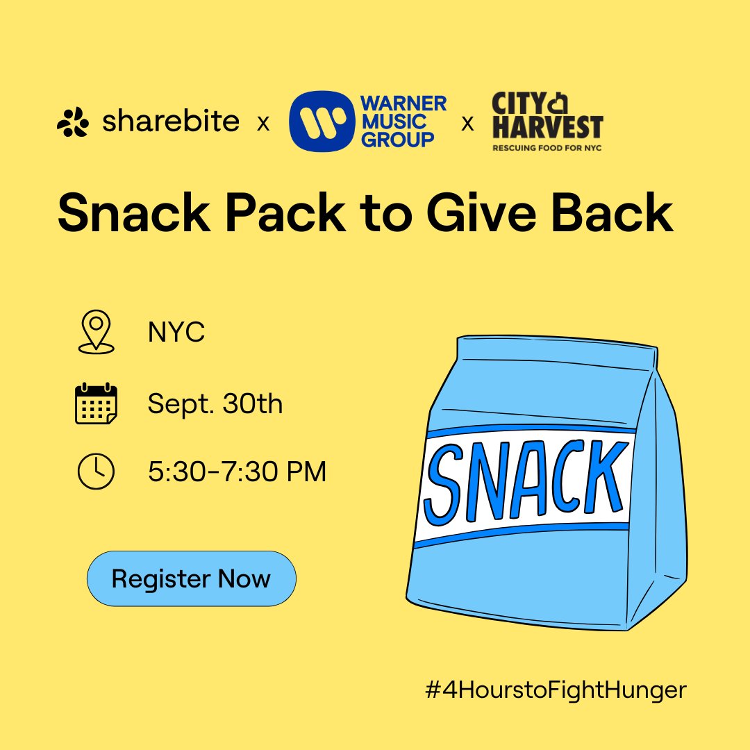 Calling all Workplace &amp; HR leaders in #NYC! Since September is Hunger Action Month, join us on Tuesday, September 30th from 5:30 - 7:30 PM to assemble snack packs for NYC families in need.

🍷 Enjoy drinks and hors d’oeuvres
🎶 Get a tour of <a href="/warnermusic/">Warner Music Group</a>'s office
🍎 Assemble