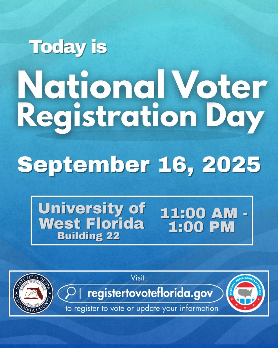 Today is #NationalVoterRegistrationDay! Representatives from our office will be at the University of West Florida, Building 22, from 11 a.m. – 1 p.m. Come visit us if you need to register to vote, update your information, or have any questions.