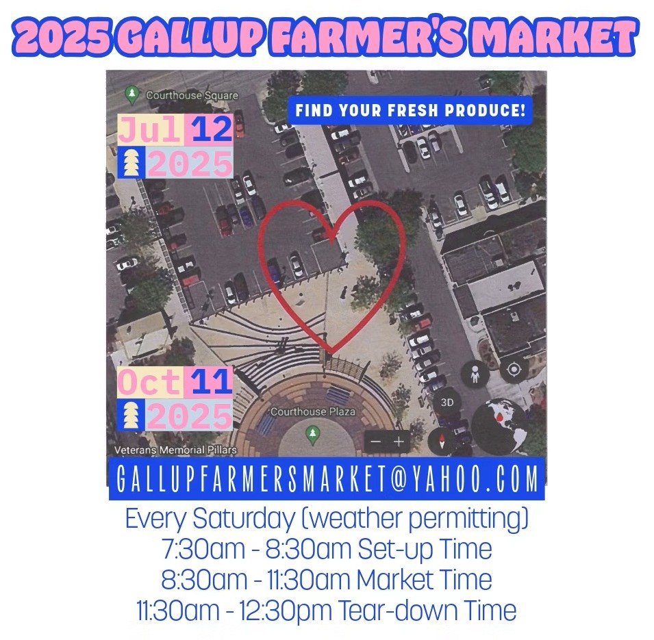 The Gallup Farmers' Market runs through Saturday, October 11, 2025 (weather permitting). 2

15 W Aztec Avenue, 8:30 a.m. to 11 :30 a.m. on Saturdays only. 

#VisitGallup #NewMexico #harvest #foodie #NomNom