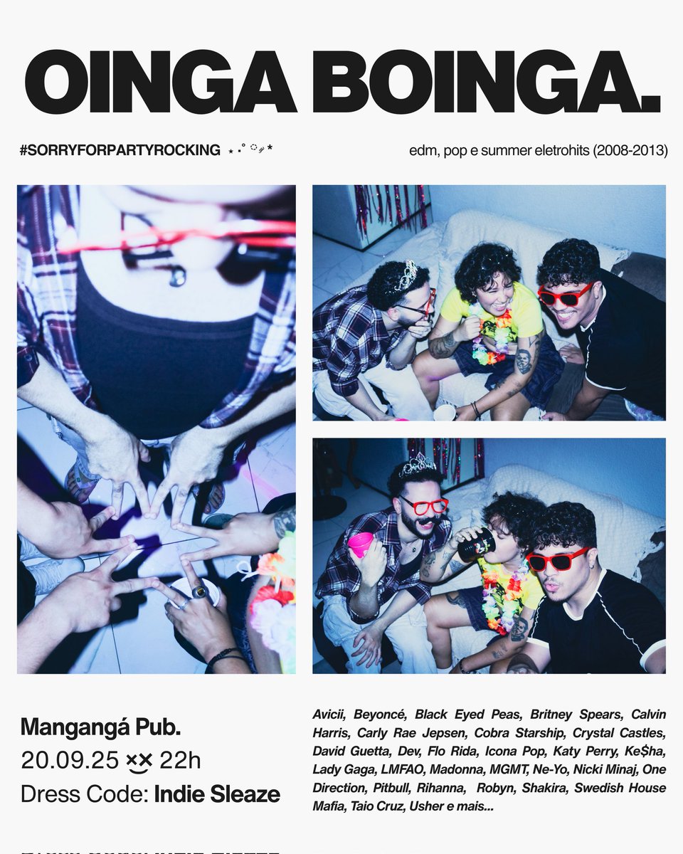 costavitorjoao's tweet photo. KEEP CALM AND OINGA BOINGA ❤️🔥
A festa que revive os hinos do electro-pop, EDM & dance pop (2008–2013) toma conta da pista neste sábado, 20/09, no Mangangá Pub às 22h. 🥳
Liberdade sem filtros no clima indie sleaze das house parties! 💽🕺🏻
#SORRYFORPARTYROCKING https://t.co/K390M5PX2b