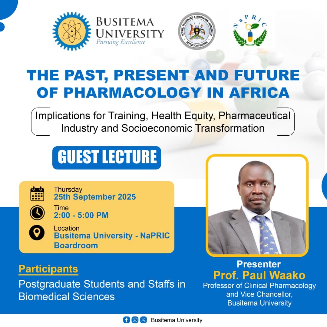 ⁦<a href="/BusitemaUni/">Busitema University</a>⁩ ⁦<a href="/bunapric/">Natural Products Research & Innovation Centre</a>⁩ will host ⁦<a href="/ProfPaulWaako/">Paul Waako, PhD</a>⁩ who will give a lecture on the topic “The past, present and future of Pharmacology in Africa”. 
Don’t miss the opportunity and tell a friend to tell a friend! See you
