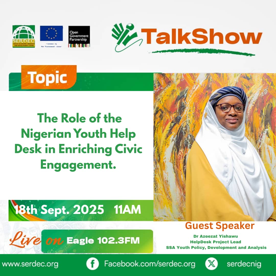 serdecnig's tweet image. 🎙️ LIVE on Eagle 102.3FM
🗓️ Sept 18, 2025 | ⏰ 11AM

How is the Nigerian Youth Help Desk shaping civic engagement?
Guest: Dr. Azeezat Yishawu
(HelpDesk Lead &amp;amp; SSA on Youth Policy, Dev &amp;amp; Analysis)

Don’t miss this important conversation!

#YouthEngagement #OpenGovernance #SERDEC