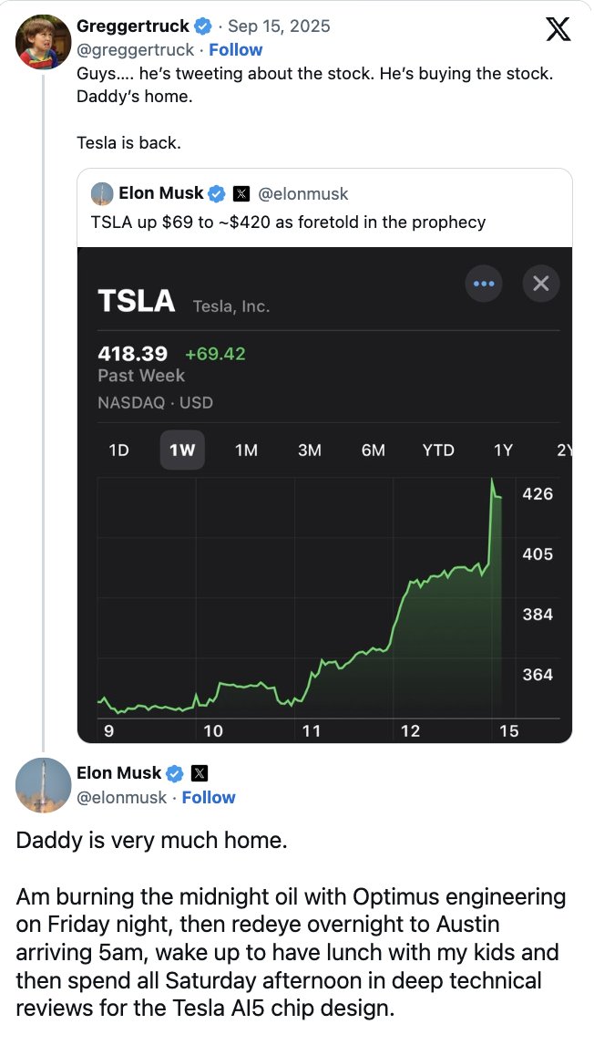 Elon Musk of Tesla, $TSLA, has said that "daddy is very much home," and he is "burning the midnight oil" with $TSLA.