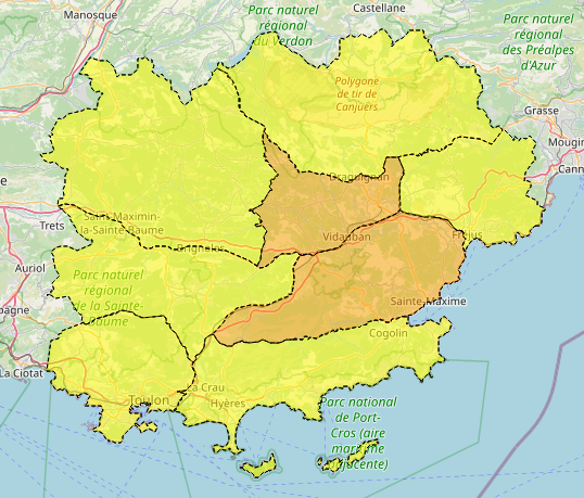 #FeuxDeForêt  | Mercredi 17 septembre dans le #Var : 
🟠 Risque incendie 🔥 SÉVÈRE pour 2️⃣ massifs forestiers : Maures et Centre-Var
➡Accès déconseillé,  
➡Travaux réglementés de 5h à 13h, interdits après 13h ⛔️
🟡 Risque incendie 🔥 MODÉRÉ pour 7️⃣ massifs forestiers : les