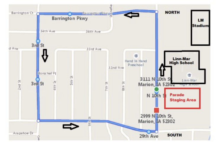 Tomorrow (September 17th) is the annual Linn-Mar Homecoming Parade.  It will begin at 5:15 pm and will effectively close off several neighborhood streets (see attached map) for an hour or so.  

Please plan accordingly and/or avoid driving in the area if at all  posssible.