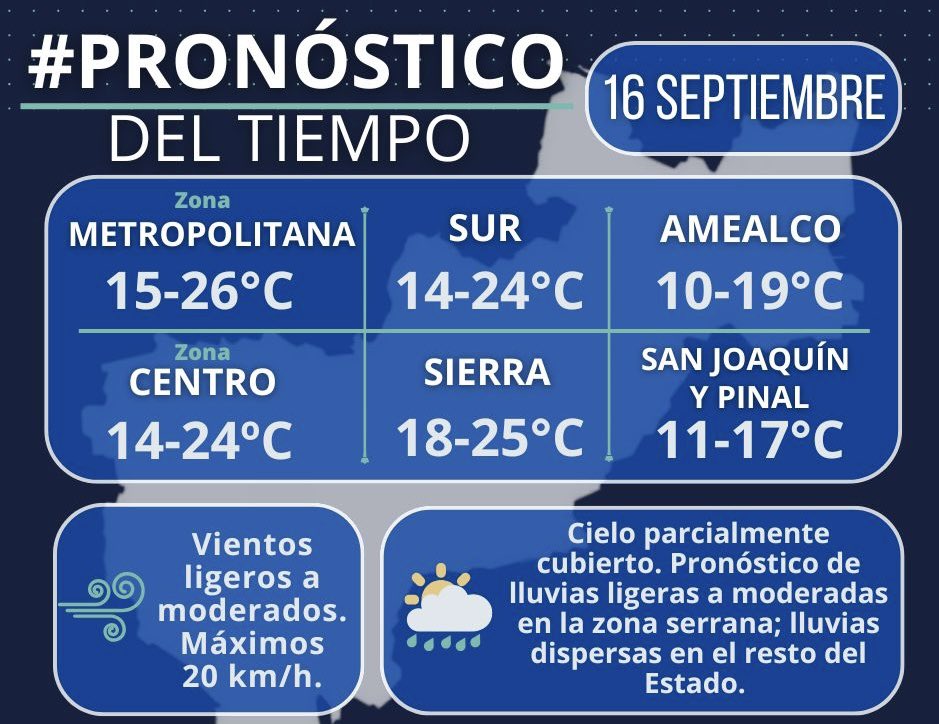 #Reporte 🇲🇽🌧️ | Así el clima hoy #martes 16 de #septiembre de 2025, de acuerdo con la <a href="/cea_qro/">CEA Institucional</a>.