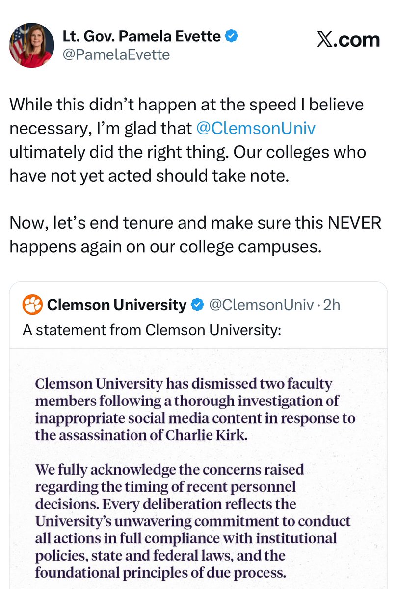 Justin Dougherty (@doughertyjc) on Twitter photo #MORE: <a href="/PamelaEvette/">Lt. Gov. Pamela Evette</a> continues to call for an end to tenure in response to Clemson firing 3 employees accused of inappropriate social media comments about Charlie Kirk’s killing. #MORE: <a href="/PamelaEvette/">Lt. Gov. Pamela Evette</a> continues to call for an end to tenure in response to Clemson firing 3 employees accused of inappropriate social media comments about Charlie Kirk’s killing.
