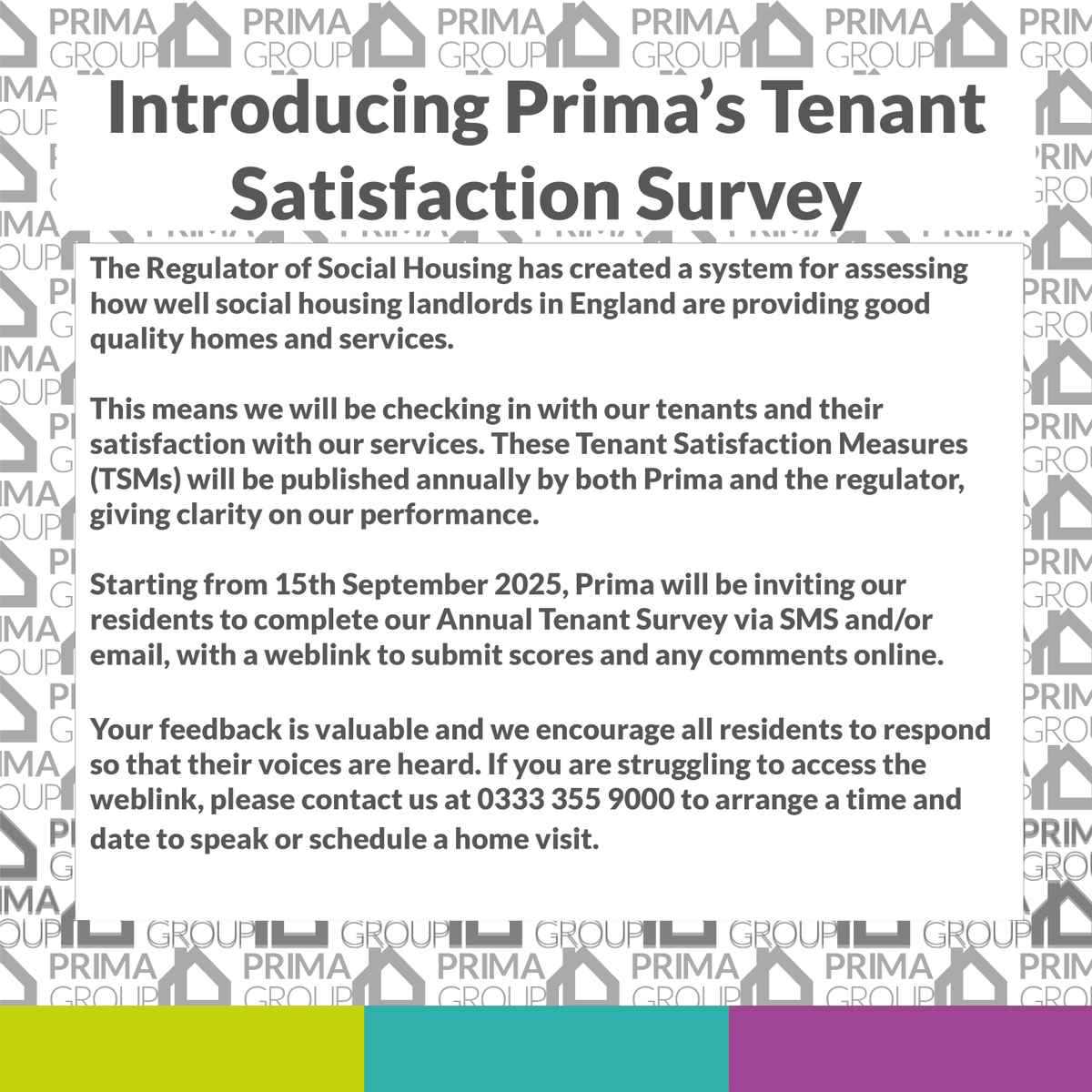 An update on our upcoming Annual Tenant Survey.

For our 2024/2025 scores, as well as their comparison to the 2023/2024 data, by visiting our Tenant Satisfaction Measures page here:
 
 primagroup.org/tenant-satisfa…