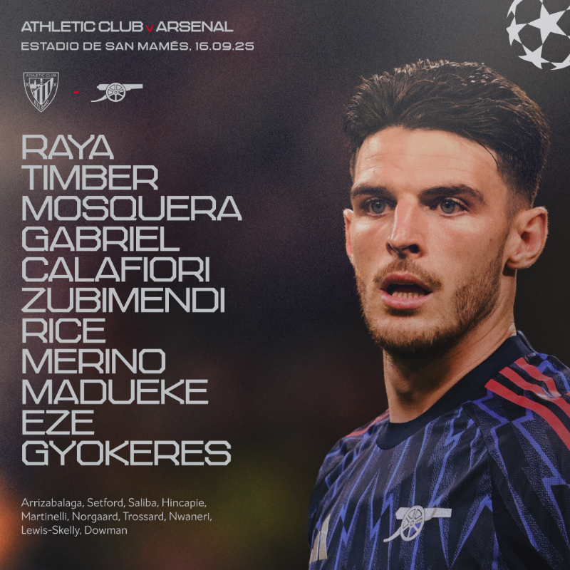 Arsenal's tweet photo. 🔵 𝗧𝗘𝗔𝗠𝙉𝙀𝙒𝙎 🔘

🧱 Timber and Calafiori continue at full-back
🔙 Rice returns
⚡️ Madueke on the wing

Let's start as we mean to go on, Gunners 👊