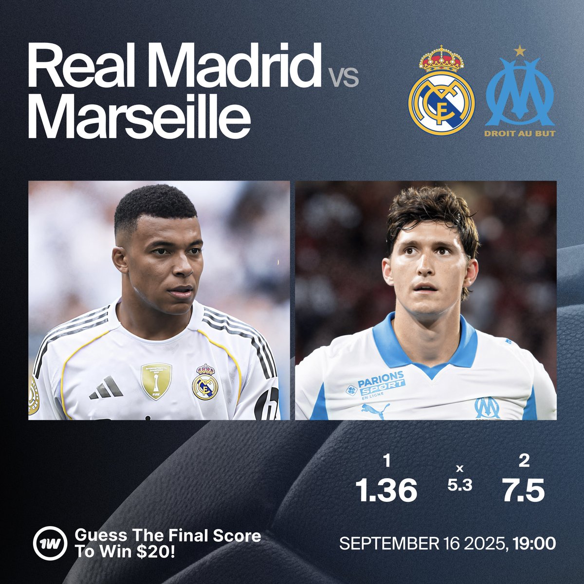 Predict the score, claim the prize! ⚽️

To join the challenge:

Follow <a href="/1winPro/">1win</a>
Like &amp; RT this post
Drop your prediction and 1win ID in the comments

💸One winner gets $20!

🔗 mssg.me/1win.pro | #1win | #UCLOMB | #TeamOM