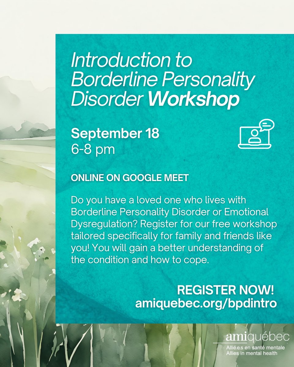 Our Intro to #BPD workshop will take place online tomorrow evening (Thursday, September 18). It's free but you have to register in advance: amiquebec.org/BPDIntro. Don't miss it!