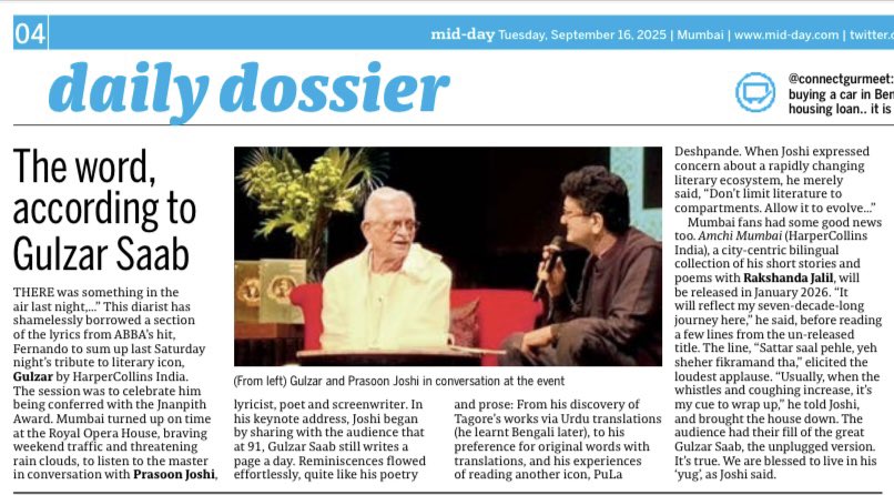 HarperCollins (@harpercollinsin) on Twitter photo An evening steeped in poetry and reflection at <a href="/MumbaiOpera/">Royal Opera House Mumbai</a> celebrated the legendary #Gulzar. The eminent writer engaged in a soulful conversation with <a href="/prasoonjoshi_/">Prasoon Joshi</a>, sharing insights from his journey with his inimitable grace.
Read the full feature in <a href="/mid_day/">Mid Day</a>: An evening steeped in poetry and reflection at <a href="/MumbaiOpera/">Royal Opera House Mumbai</a> celebrated the legendary #Gulzar. The eminent writer engaged in a soulful conversation with <a href="/prasoonjoshi_/">Prasoon Joshi</a>, sharing insights from his journey with his inimitable grace.
Read the full feature in <a href="/mid_day/">Mid Day</a>: