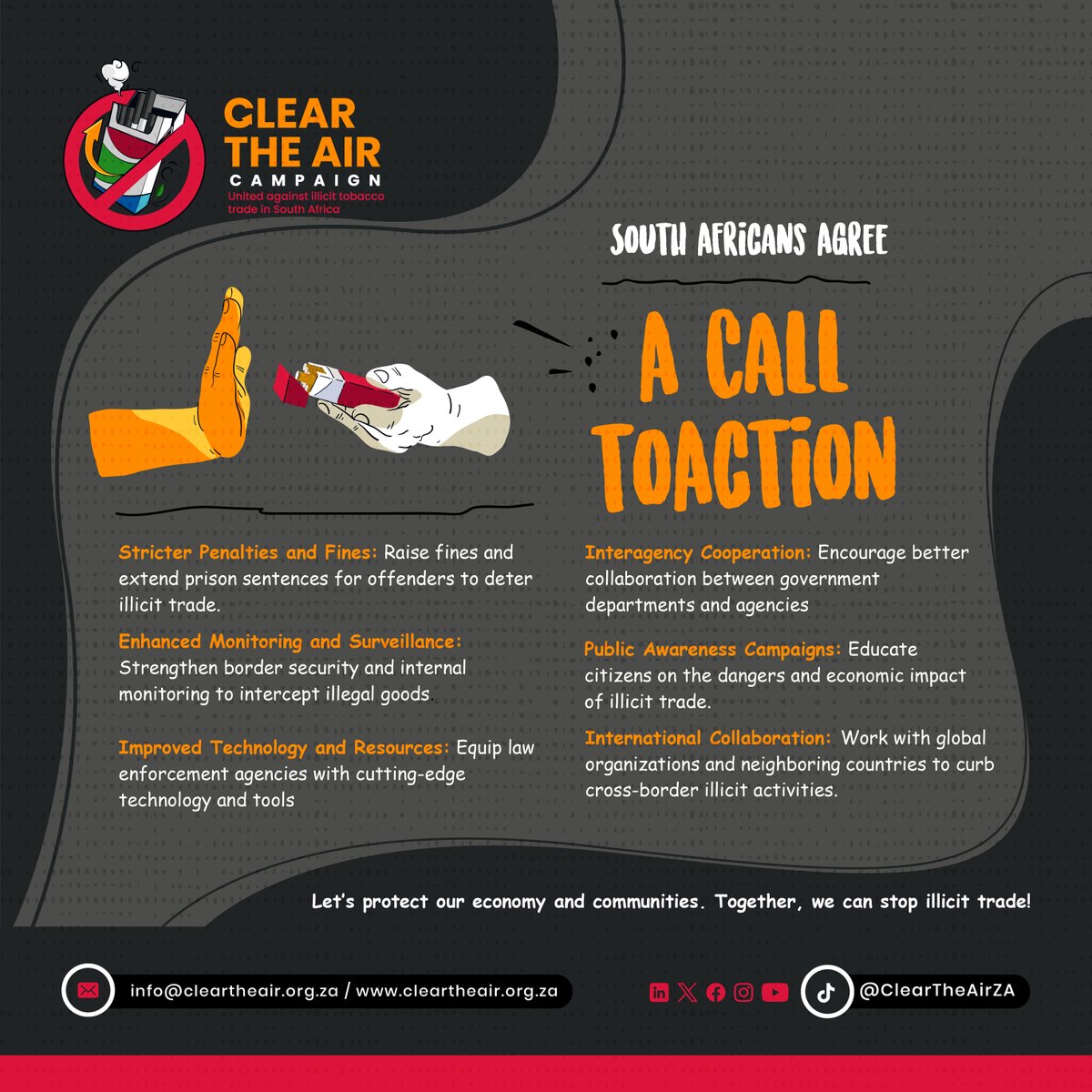 🚭Stand with us to demand stronger enforcement and accountability.
Sign the Clear the Air petition here: cleartheair.org.za/petition/end-i…

South Africa has officially backed a global call to action to stop the surge of illicit tobacco trade, a criminal market that drains billions from
