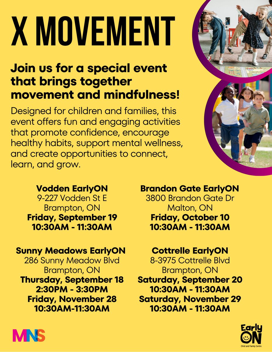 Join us for our X Movement Special Program this week at our Sunny Meadows EarlyON, Vodden EarlyON and our Cottrelle EarlyON! Please see the flyer for more information!