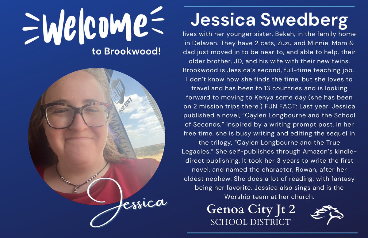 The school board has officially approved one of our newest Mustangs...&amp;we are super excited to share her bio out w/you all....even though you may have seen her around: our new 2nd-grade teacher, Ms. Swedberg!We hope you've helped us make her feel welcomed to our Brookwood Family!