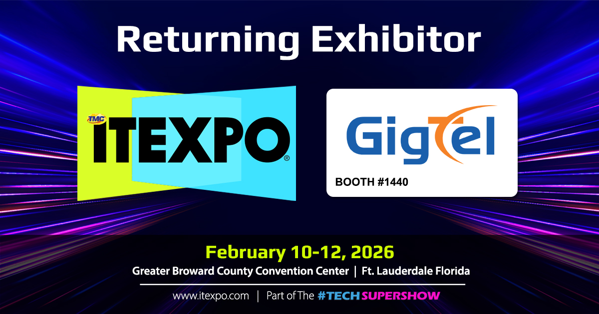 ITEXPO's tweet image. Stop by booth 1440 at the 2026 ITEXPO #TECHSUPERSHOW to take GigTel&apos;s all-inclusive Unified Communications as a Service (UCaaS) platform for a test drive.

bit.ly/4oC0wDZ

@GigtelACS