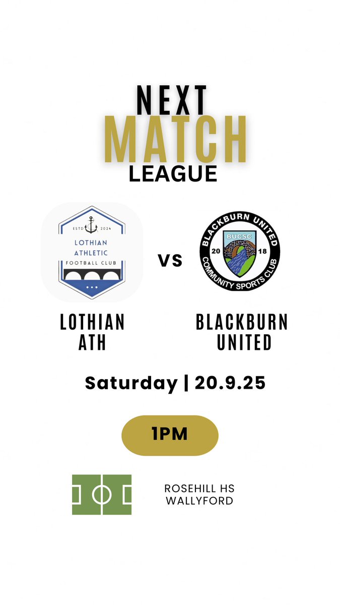 🔜 Next Up

📅 Saturday 20th September

🏆 League 

🆚 Lothian Ath- Away

🏟️ Rosehill HS

🕒 1.00pm