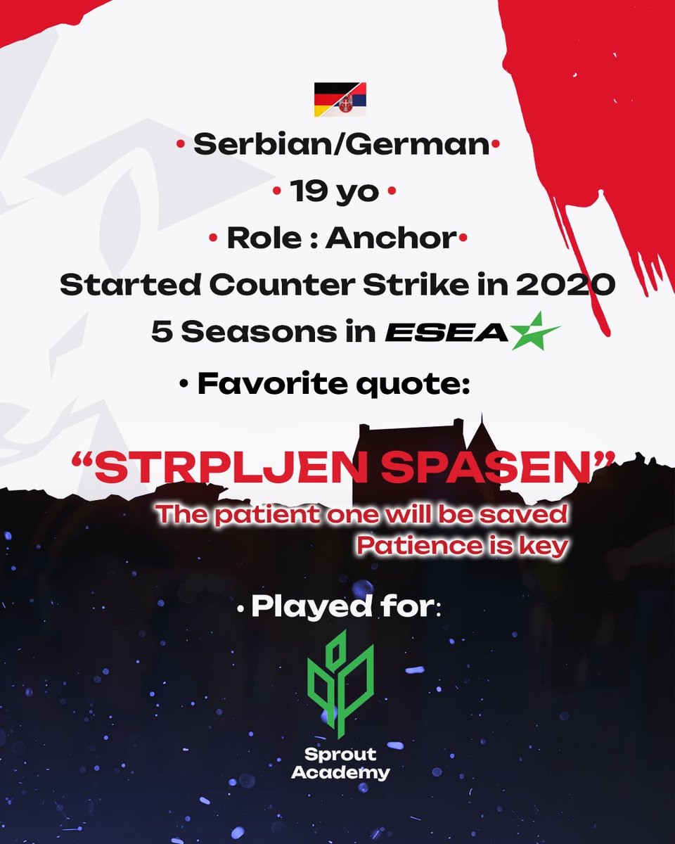 Hermine Esports Club (@hermineesports) on Twitter photo MEET THE TEAM #2
Meet Petar "zecco" Živanović, Serbian 🇷🇸, our second youngest talent.
Born in Germany 🇩🇪, he has been playing CS since 2020 as a rifler and mainly competing in international projects like formerly esteemed <a href="/sproutGG/">Sprout</a> Academy.  
His leitmotiv is a slavic saying MEET THE TEAM #2
Meet Petar "zecco" Živanović, Serbian 🇷🇸, our second youngest talent.
Born in Germany 🇩🇪, he has been playing CS since 2020 as a rifler and mainly competing in international projects like formerly esteemed <a href="/sproutGG/">Sprout</a> Academy.  
His leitmotiv is a slavic saying