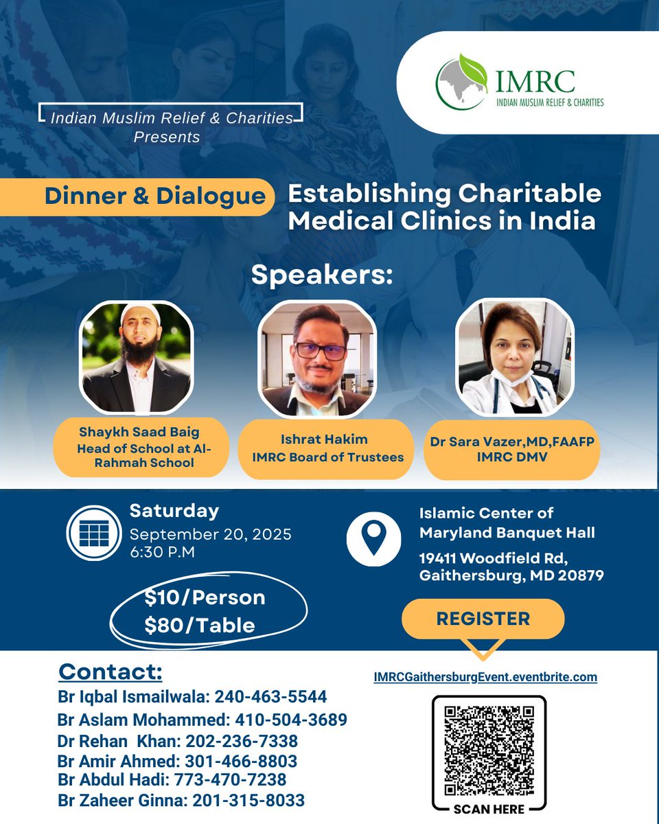 Join us as we share IMRC’s impactful work in healthcare and relief across India.

✨ Stay for a delicious dinner, meaningful conversations, and the chance to connect with community.

Seats are limited — don’t miss this opportunity! 💛
🔗 Imrcgaithersburgevent.eventbrite.com
