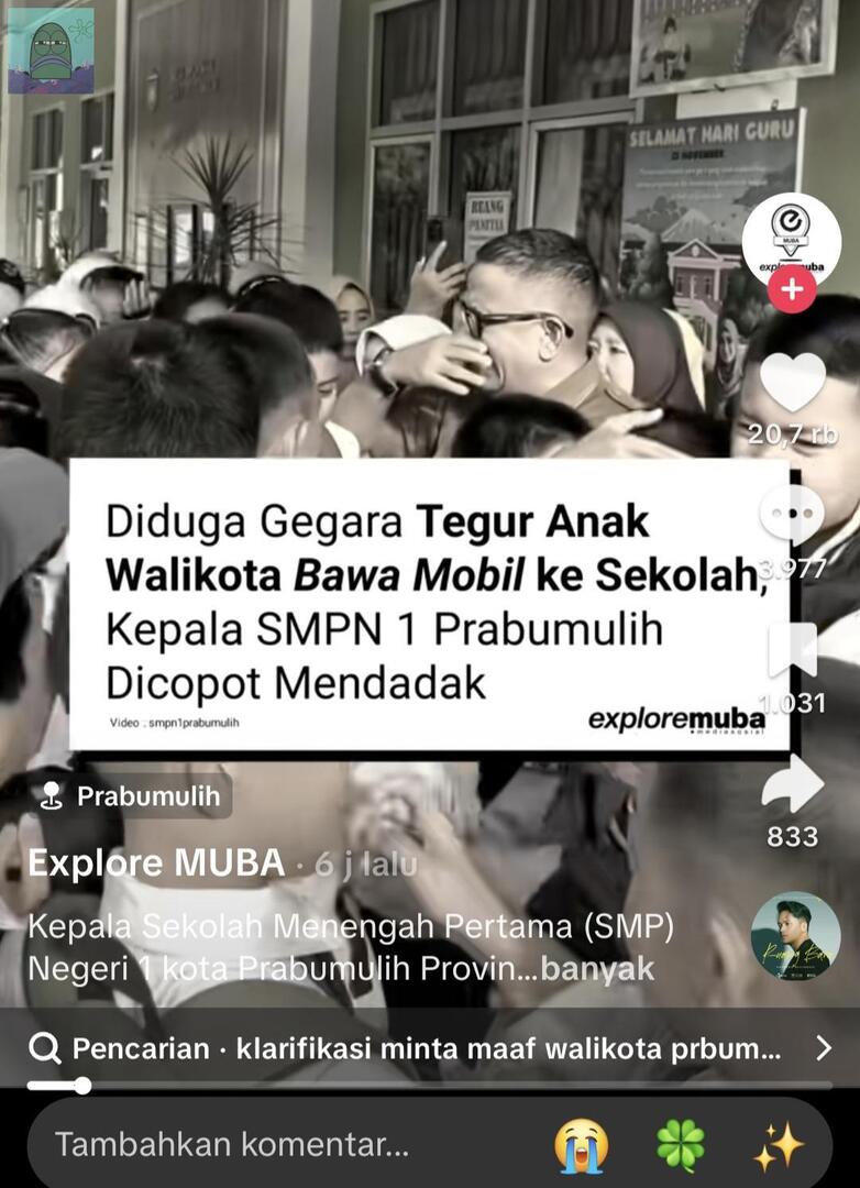 💚 guys ini di ttk lg rame bgt, selain kepsek nya dimutasi, katanya satpam nya jg kena, 
Ini udh Penyalahgunaan kekuasaan ya gaksih?
Mana anak si walikota itu masih SMP udh bw mobil ! Hadeeh 🫩 double dah tuh kasus.