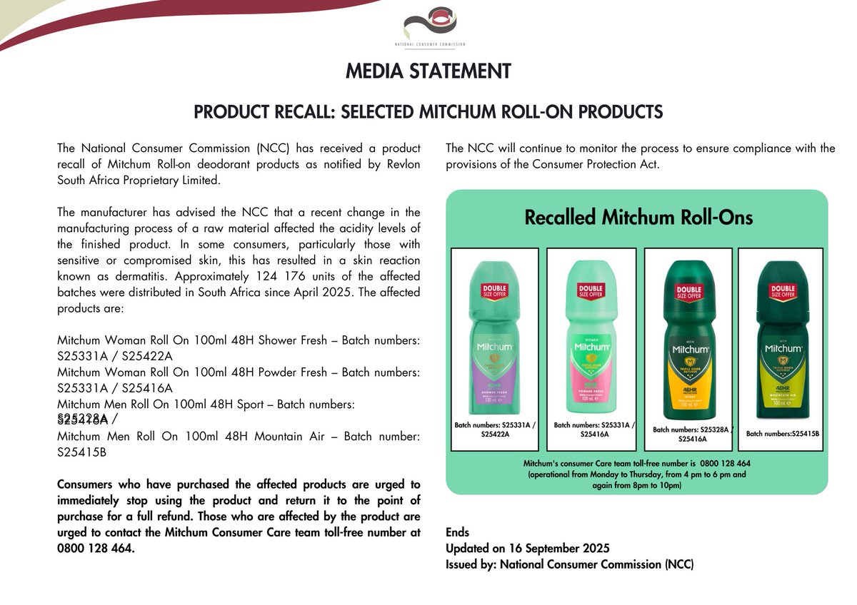 Product Safety Recall: Updated statement, Mitchum Contact Care Line - 0800 128 464

<a href="/PhethoN/">Ke Phetho_ZA🇿🇦</a>  <a href="/the_dtic/">the dtic</a>