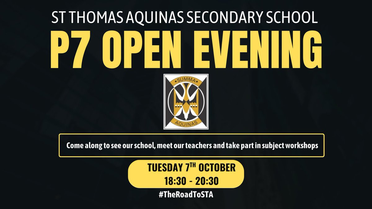 Can't wait to welcome  P7 pupils and their families on 7th October to STA. #RoadToSTA #BeCLEAR <a href="/StThomasAqSec/">St Thomas Aquinas</a>